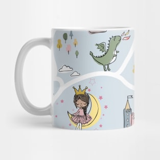 Childish seamless pattern with princess and dragon blue background Mug